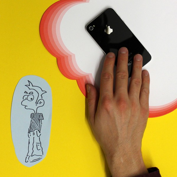 Eine Collage aus einem Smartphone, einer Hand und einer gezeichneten Figur auf gelbem Hintergrund.