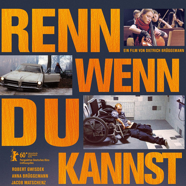 Plakat des Films "Renn wenn du kannst" mit Bildern von einer Frau, die Cello spielt, einem Auto, und einem Mann, der aus seinem Rollstuhl gefallen ist