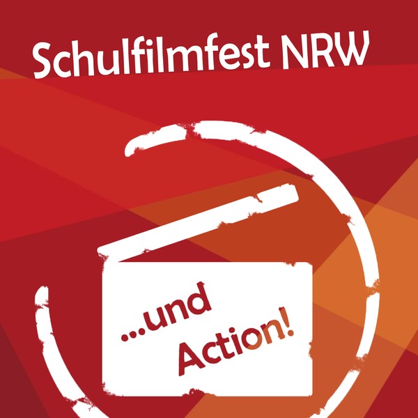 Logo des SchulFilmFests: Eine weiße Filmklappe auf roten Hintergrund mit der Aufschrift "...und Action!"