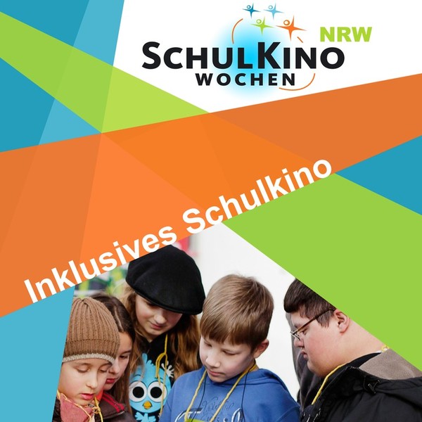 Ein Poster in den Farben der SchulKinoWochen mit einer Gruppe von Kindern, die sich etwas ansehen.