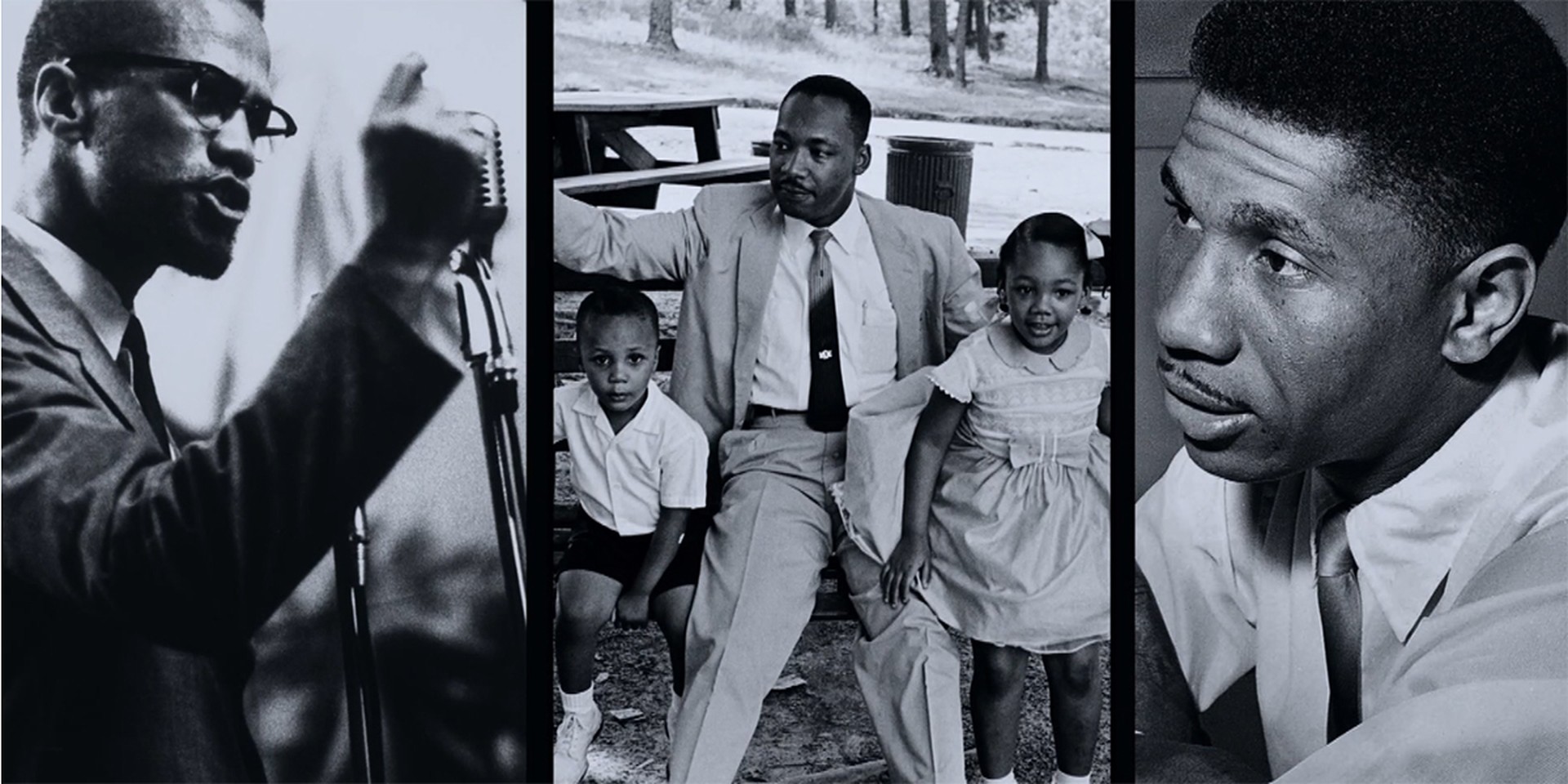 Drei Filmstills aus dem Film I am Not Your Negro, die Medgar Evers, Malcolm X und Martin Luther King jr. zeigen.