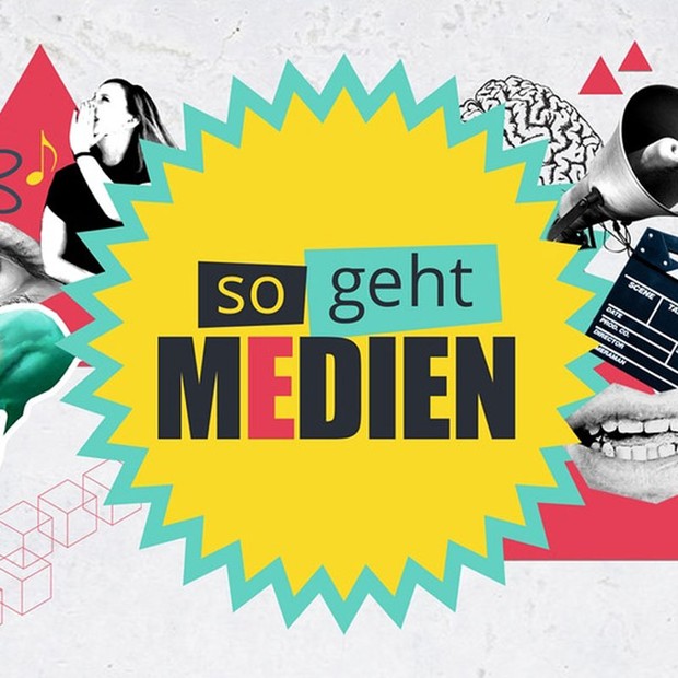 In einem gelben Kreis mit gezacktem Rand steht "So geht Medien" umrandet von Bildern: eine rufende Frau, ein Lautsprecher, ein Mund, eine Filmklappe. In einem gelben Kreis mit gezacktem Rand steht "So geht Medien" umrandet von Bildern: eine rufende Frau, ein Lautsprecher, ein Mund, eine Filmklappe.