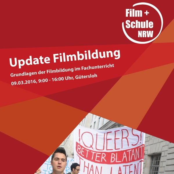 Ein Poster mit einem Still des Films Pride (Männer in einer Demonstration) und der Aufschrift "Update Filmbildung"