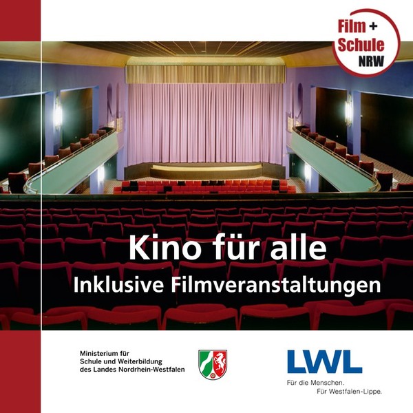 Ein leerer Kinosaal mit der Bildunterschrift "Kino für alle. Inklusive Filmveranstaltungen".