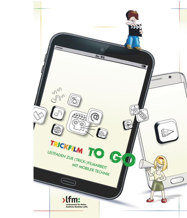 Auf und neben einem Tablet mit dem Schriftzug "Trickfilm to go" stehen ein gezeichneter Junge und ein Mädchen. Auf und neben einem Tablet mit dem Schriftzug "Trickfilm to go" stehen ein gezeichneter Junge und ein Mädchen.