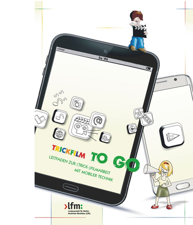 Auf und neben einem Tablet mit dem Schriftzug "Trickfilm to go" stehen ein gezeichneter Junge und ein Mädchen.