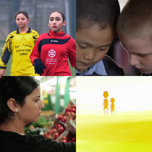 Vier Filmstills aus den Filmen "Eleni", "Feifei", "Iman" und "Sharaf".