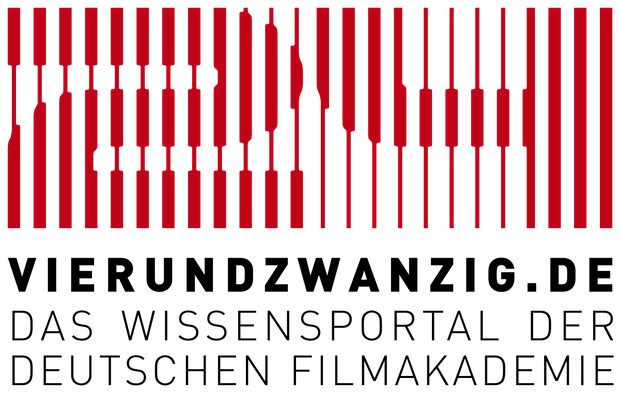 Das Logo der Deutschen Filmakademie. Roter Text auf grauem Grund.