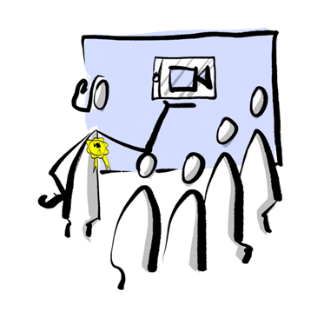 Eine Zeichnung von einer Lehrkraft, die eine Kamera hochhält und vier Schüler*innen vor einer Tafel.