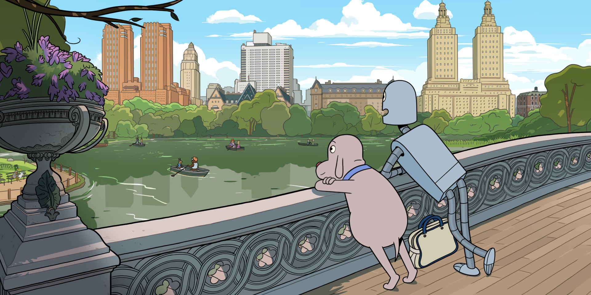 Ein Hund und ein Roboter stehen auf einer Brücke und schauen auf die Stadt am Flussufer.