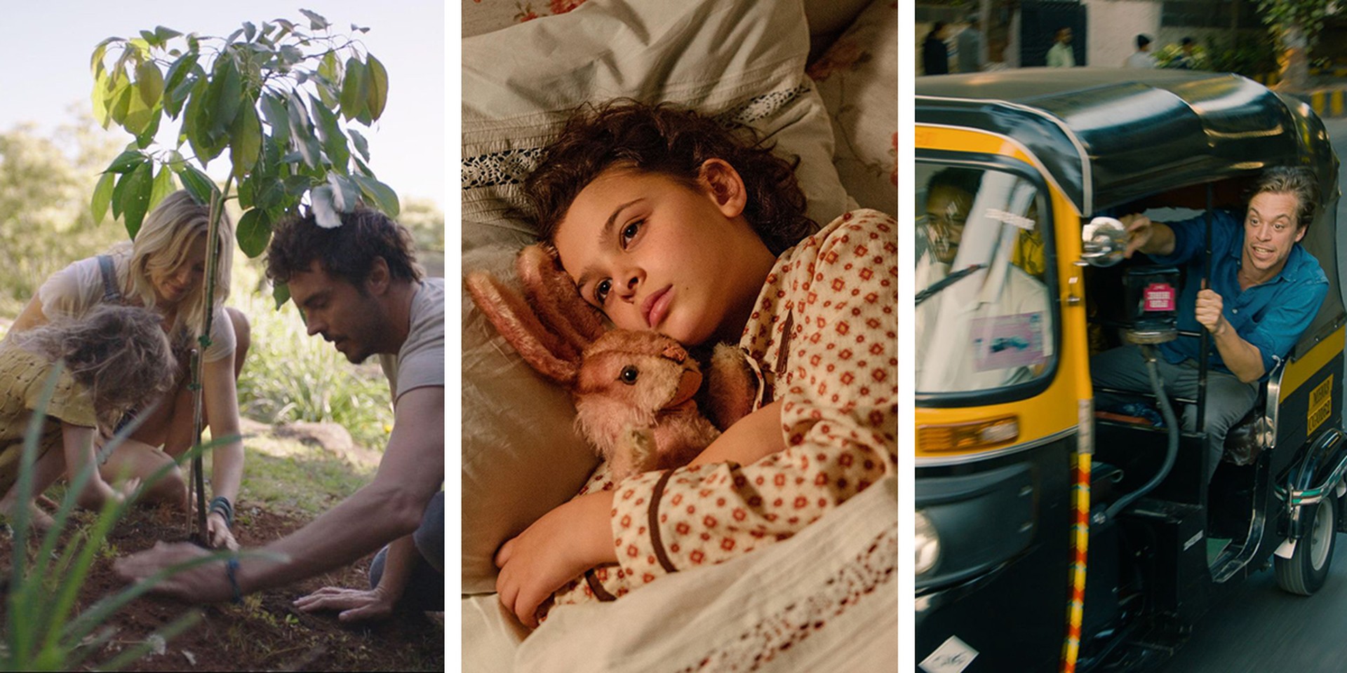 Filmstills: eine Frau und ein Mann pflanzen einen Baum, ein Mädchen liegt mit einem Kuscheltier im Bett, ein Mann fährt in einem offenen Taxi.