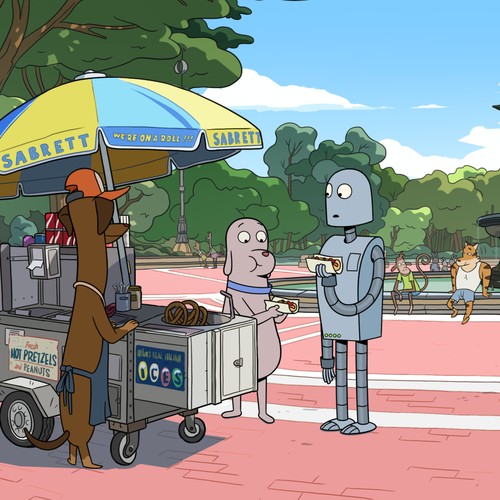 Ein Filmbild aus "Robot Dreams", ein Hund und ein Roboter stehen an einem Hot-Dog-Stand.