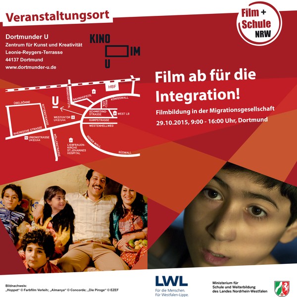Ein Flyer mit der Aufschrift "Film ab für die Integration!" und Bildern von Kindern.