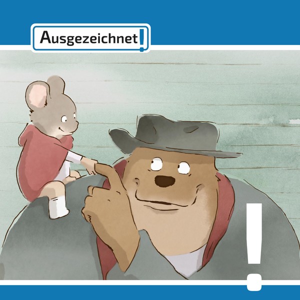 Die Maus Célestine sitzt auf der rechten Schulter des Bären Ernest, beide lächeln. Darüber der Schriftzug: Ausgezeichnet!