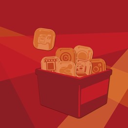 Eine rote Box gefüllt mit Symbolen, die mit digitalen Medien zu tun haben.