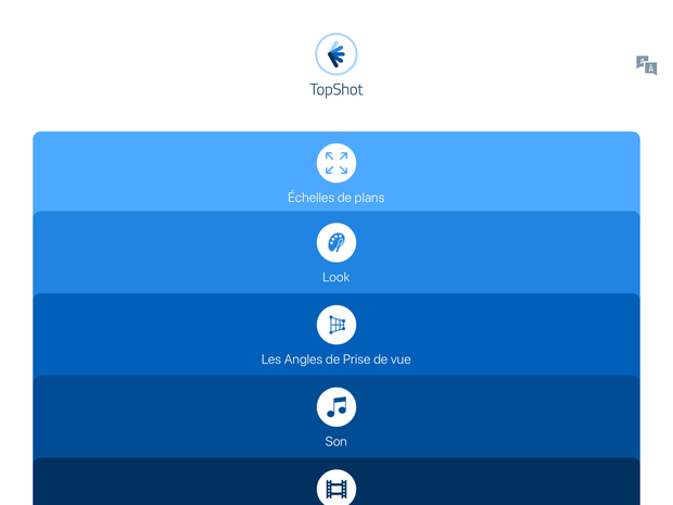 Menü der App TopShot auf Französisch.
